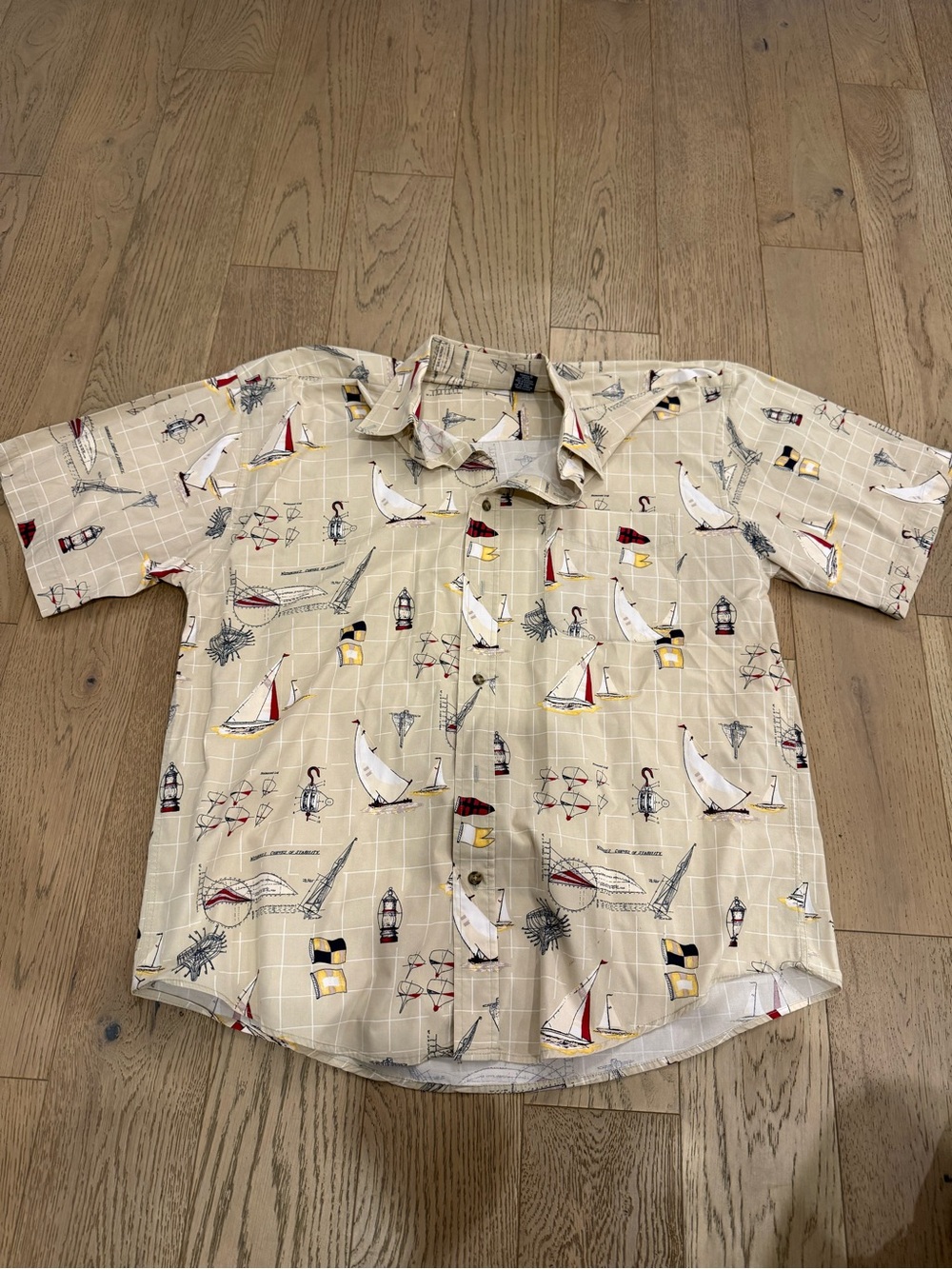 Puritan Men’s Large Nautical Sailboat Print Button Down Shirt Beige Short Sleeve